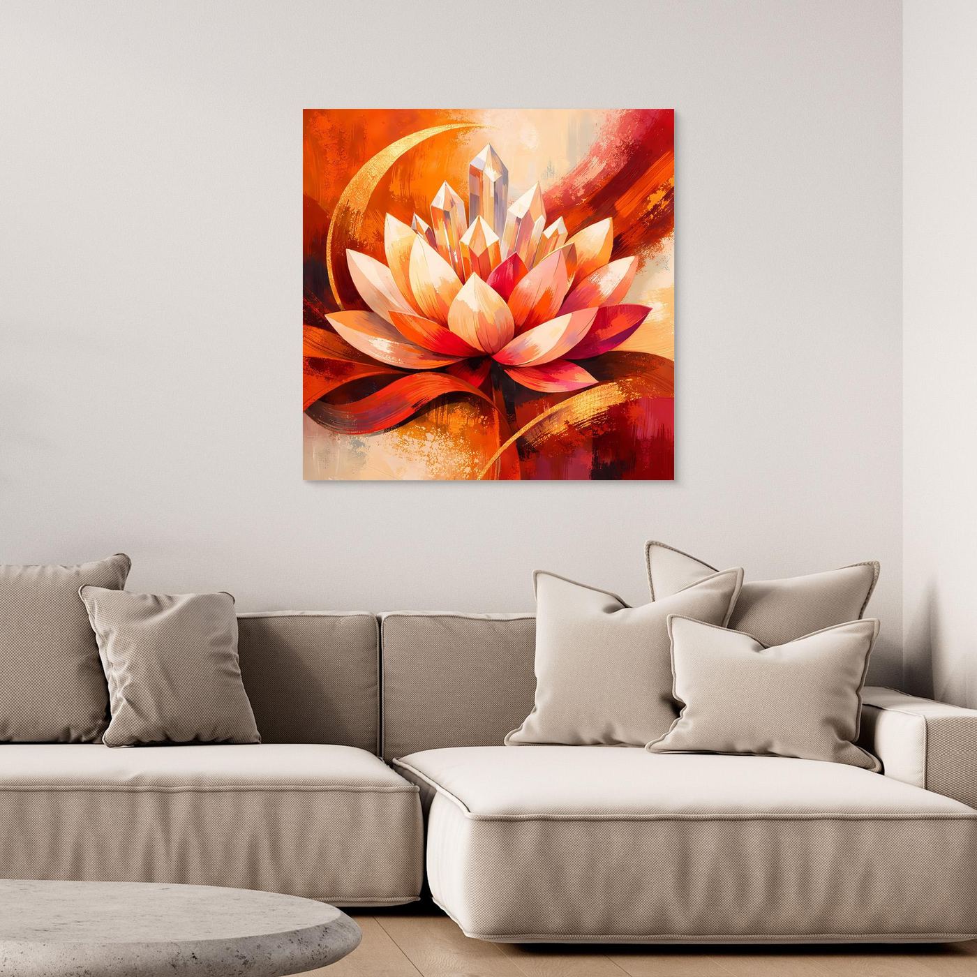 Leinwandbild mit abstrakter Lotusblüte in Orange und Rot, symmetrische Komposition