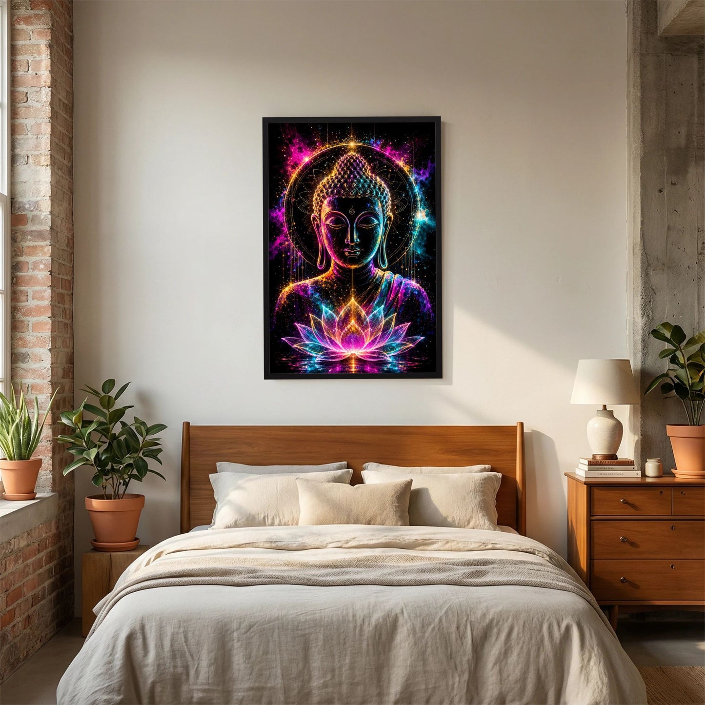 Kunstposter mit Buddha im Neon-Stil und leuchtender Lotusblüte, schwarzer Rahmen