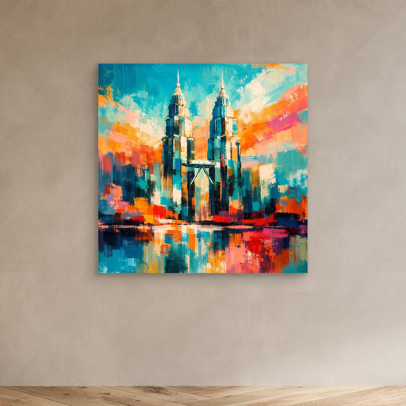Abstraktes Leinwand-Wandbild: Petronas-Türme, farbige Pinselstruktur in Blau, Orange und Rot