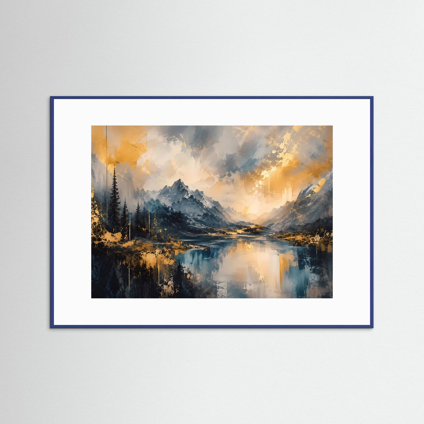 Abstrakte Berglandschaft in Blau & Gold | Modernes Natur Kunst Poster