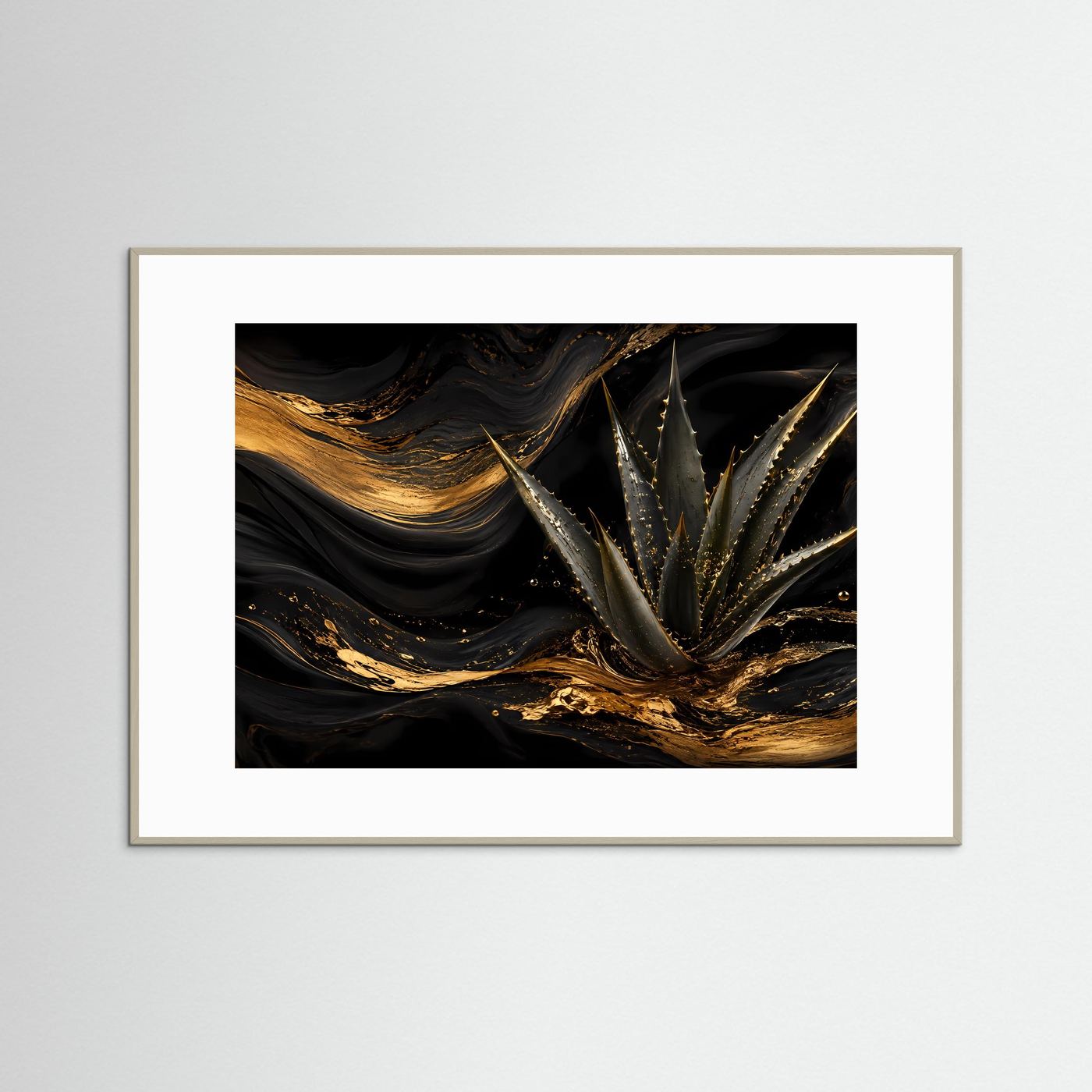 Poster: abstrakte Aloe Vera, schwarz-goldenes Bild, weißer Rahmen (Querformat)