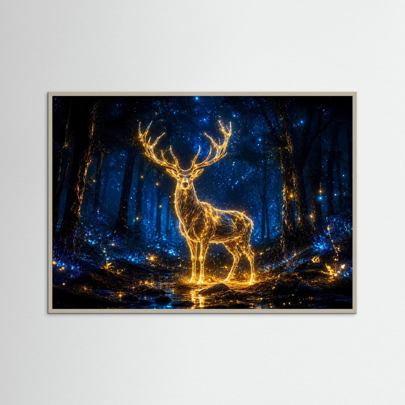 Leuchtender Hirsch Poster | Mystischer Wald Wandbild | Magisches Hirschmotiv in Blau und Gold