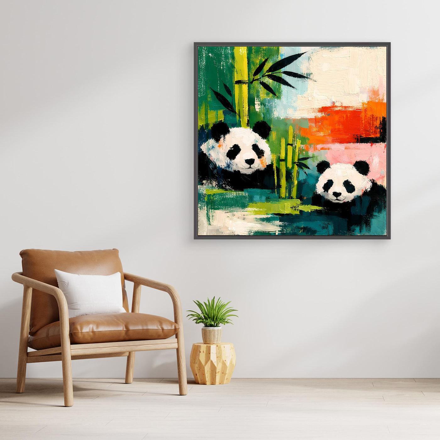 Abstract panda wall art with two pandas in bamboo, black frame.