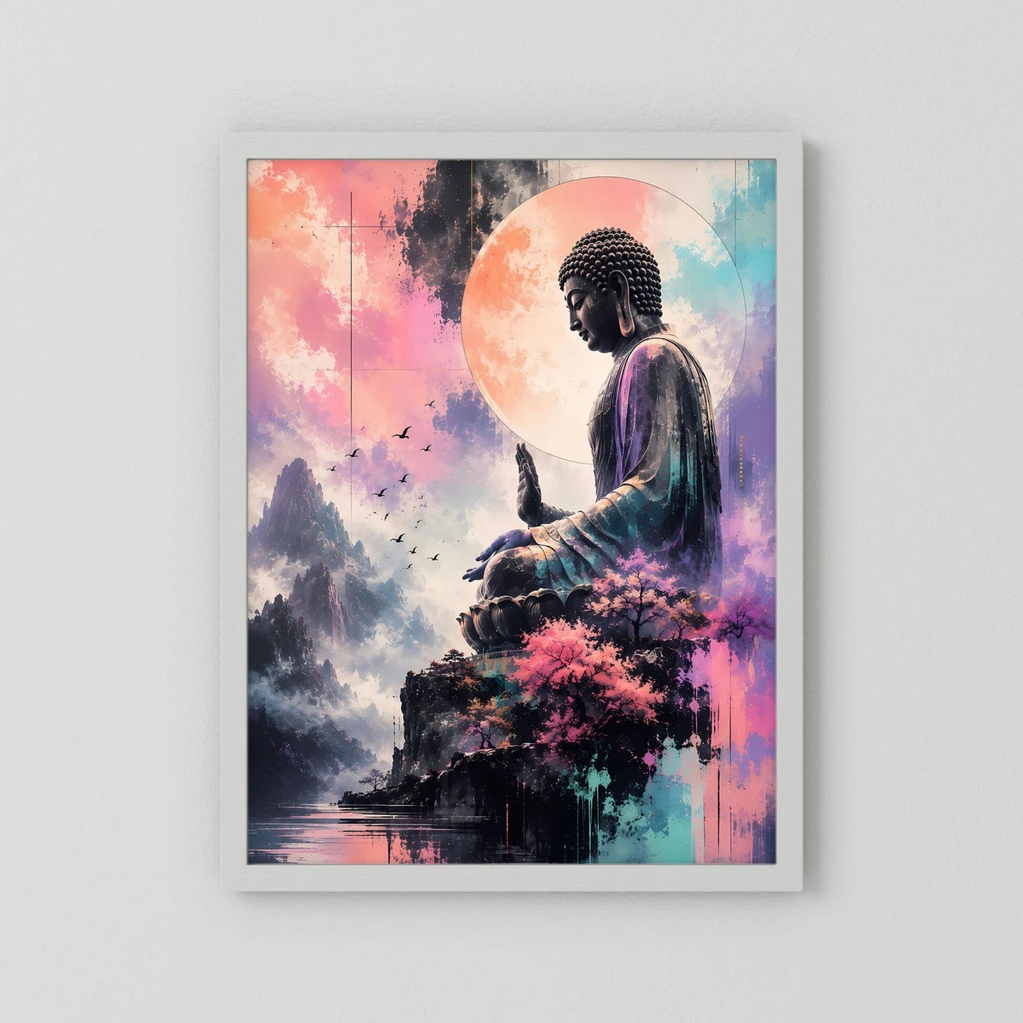 Hochformatiges Buddha-Poster mit meditierender Figur, Bergen und Kirschblüten, heller Rahmen