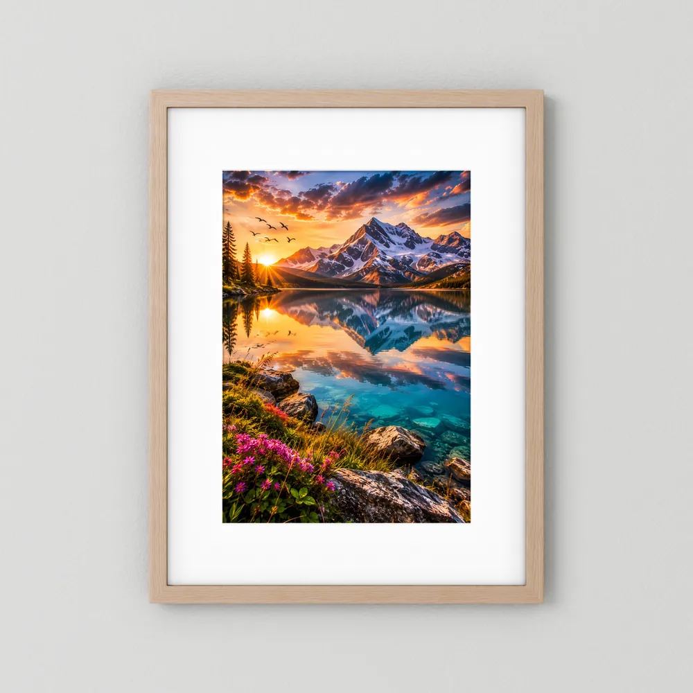 Gerahmtes Poster mit Landschaftsmotiv: Berge, See, Wiesen und farbiger Abendhimmel