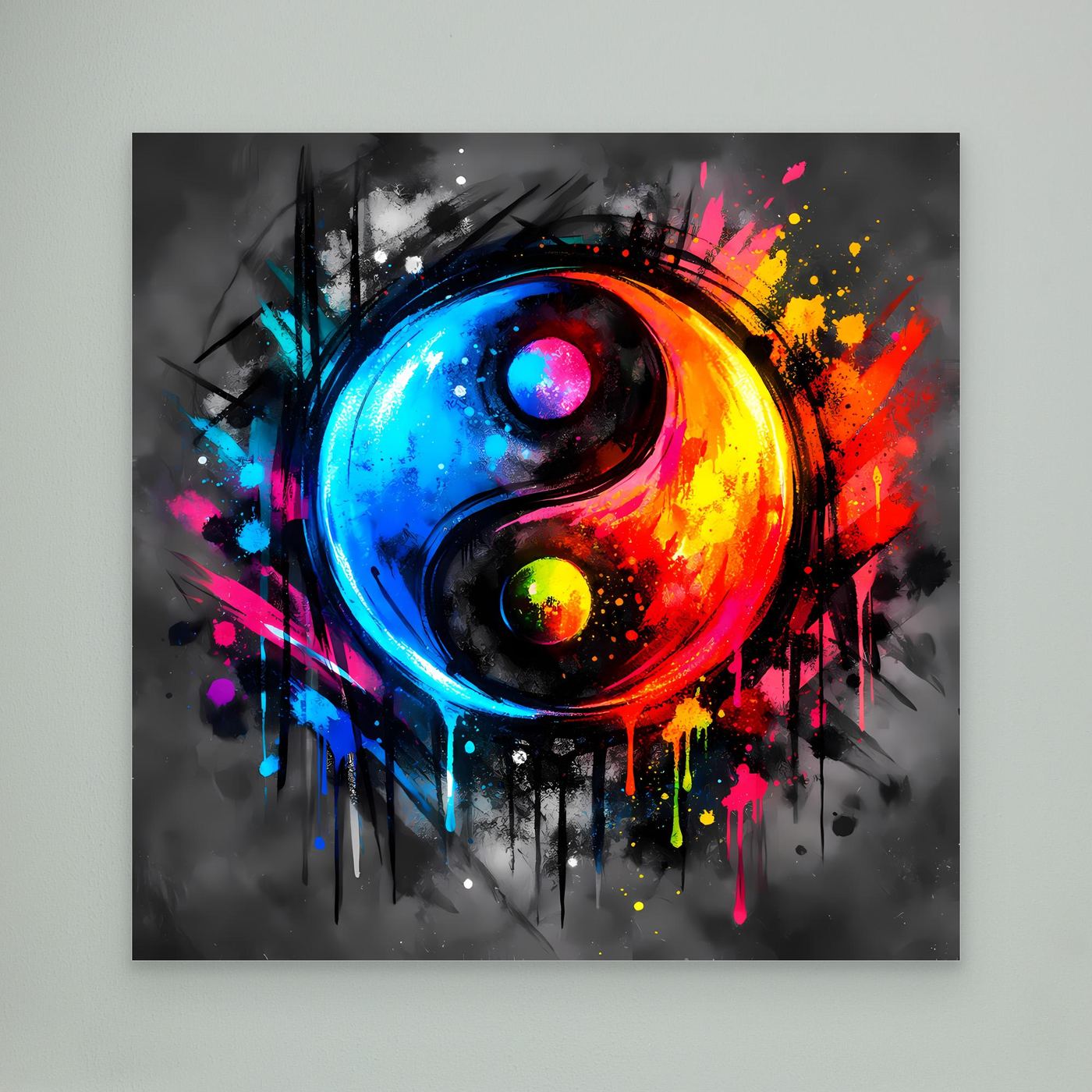 Leinwandbild mit abstraktem Yin-Yang-Motiv, bunt gespritzt, ohne Rahmen