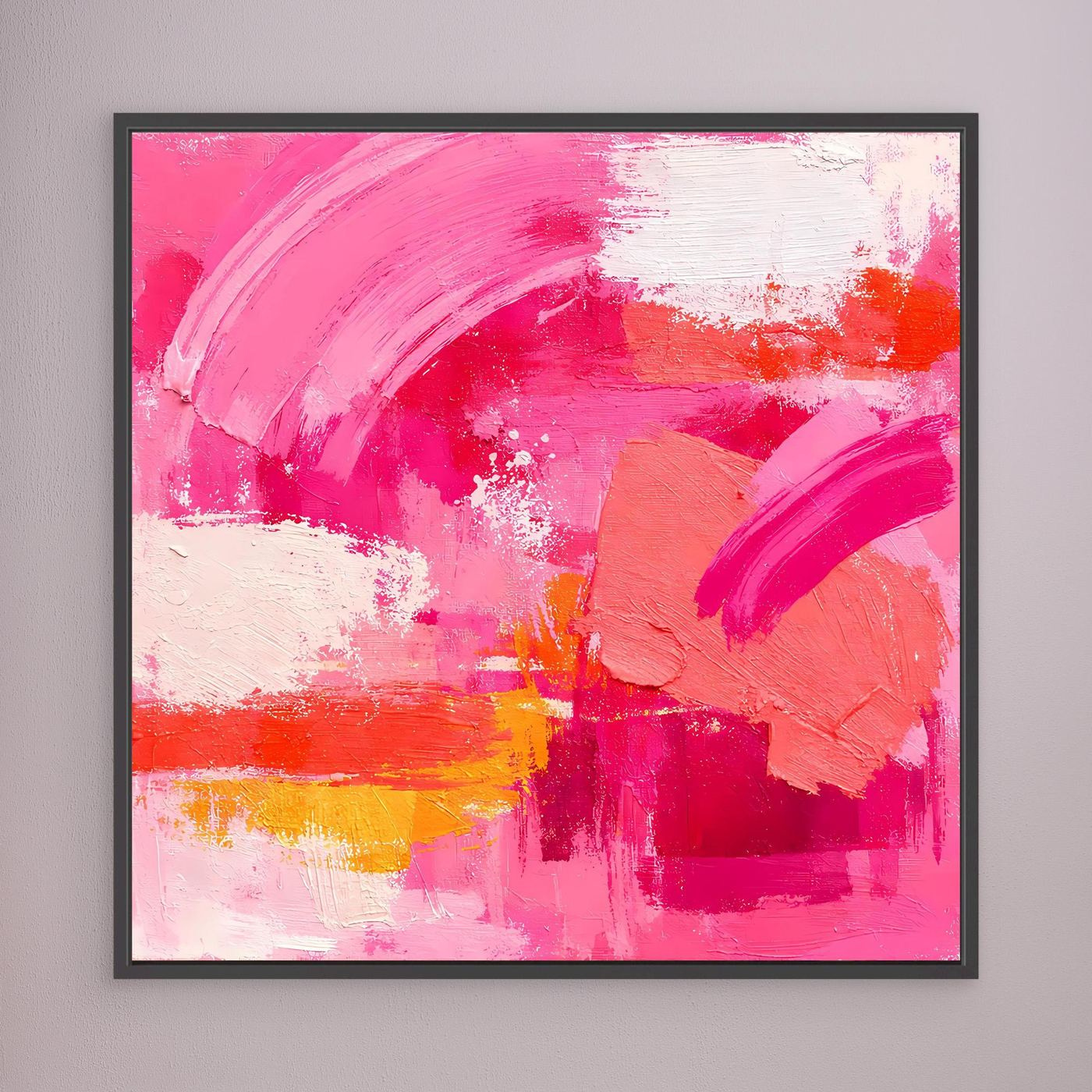 Leinwand-Wandbild mit abstrakten Pinselstrichen in Pink, Weiß und Orange; schwarzer Rahmen