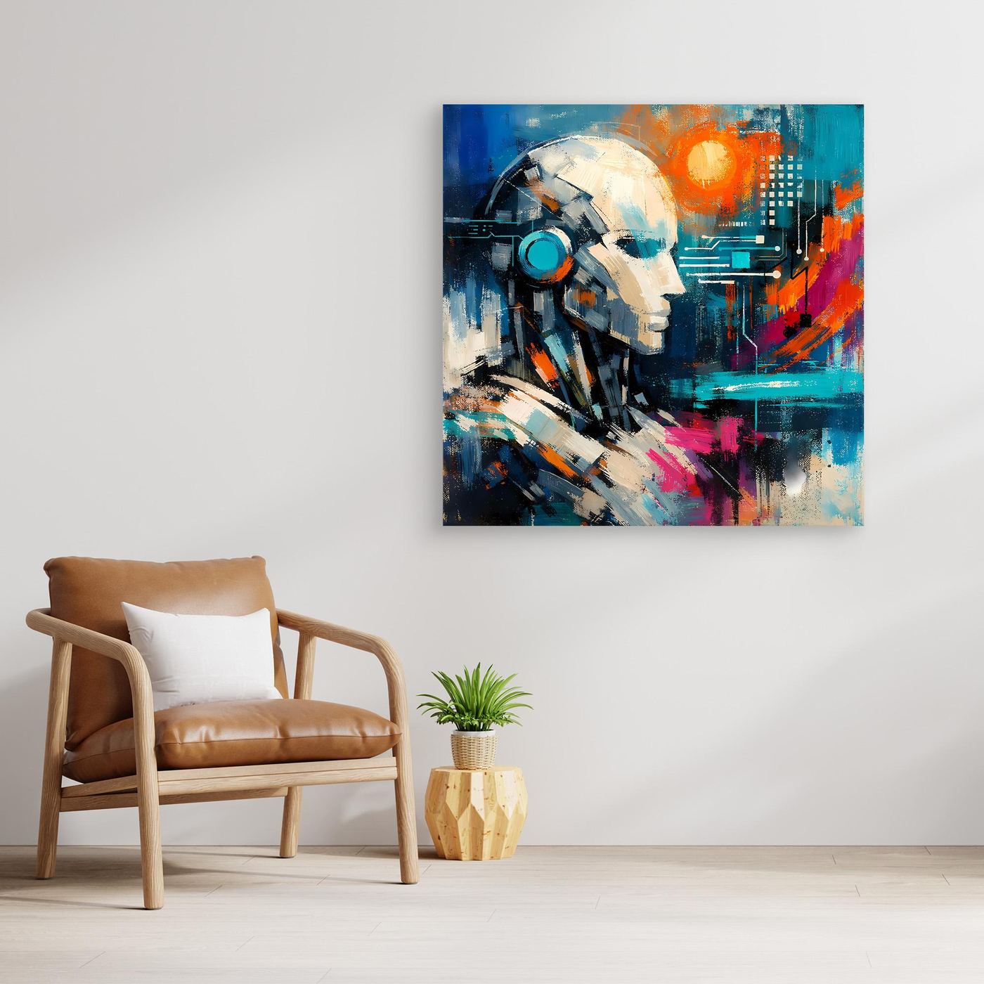 Abstract cybernetic mind wall art print with robot face, blue and orange, unframed