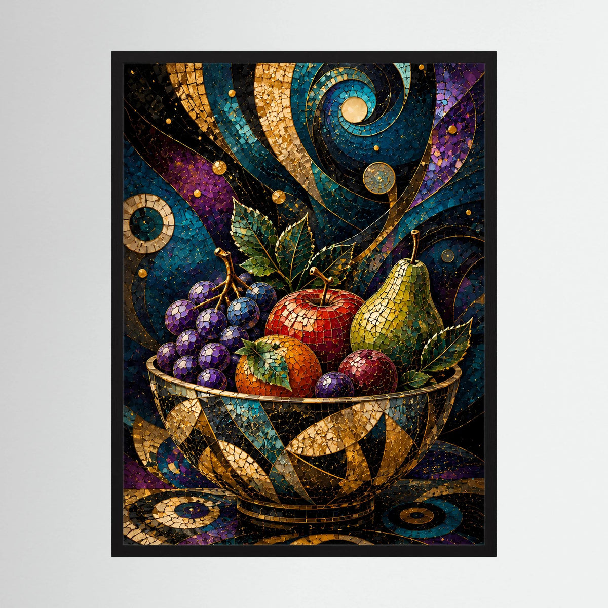 Hochformatiges Poster mit bunten Früchten in der Mosaik-Obstschale, schwarzer Rahmen