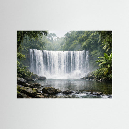 Naturposter Querformat mit Wasserfall im Dschungel und ruhigem Fluss vor grünen Bäumen
