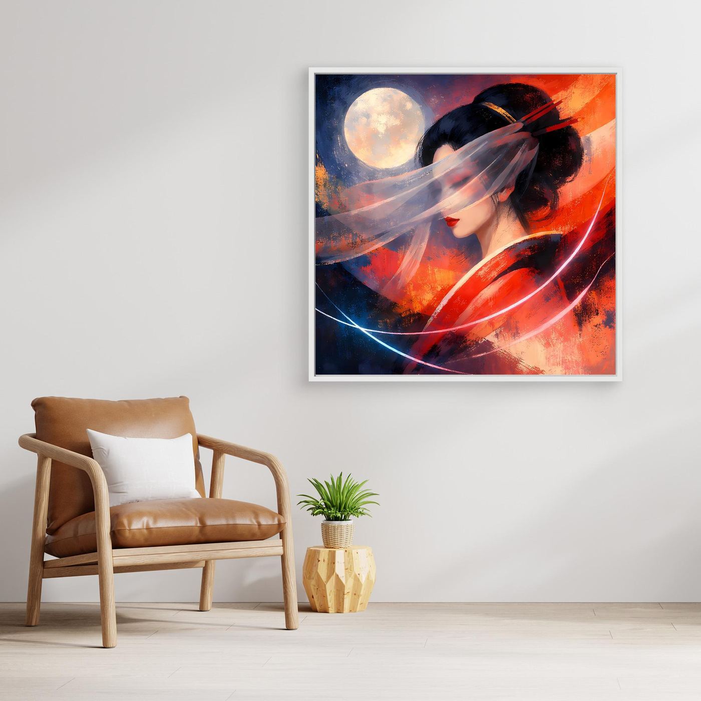 Leinwandbild mit Geisha-Porträt, abstrakt mit Mond, Kirschrot/Nachtblau, hellbrauner Rahmen