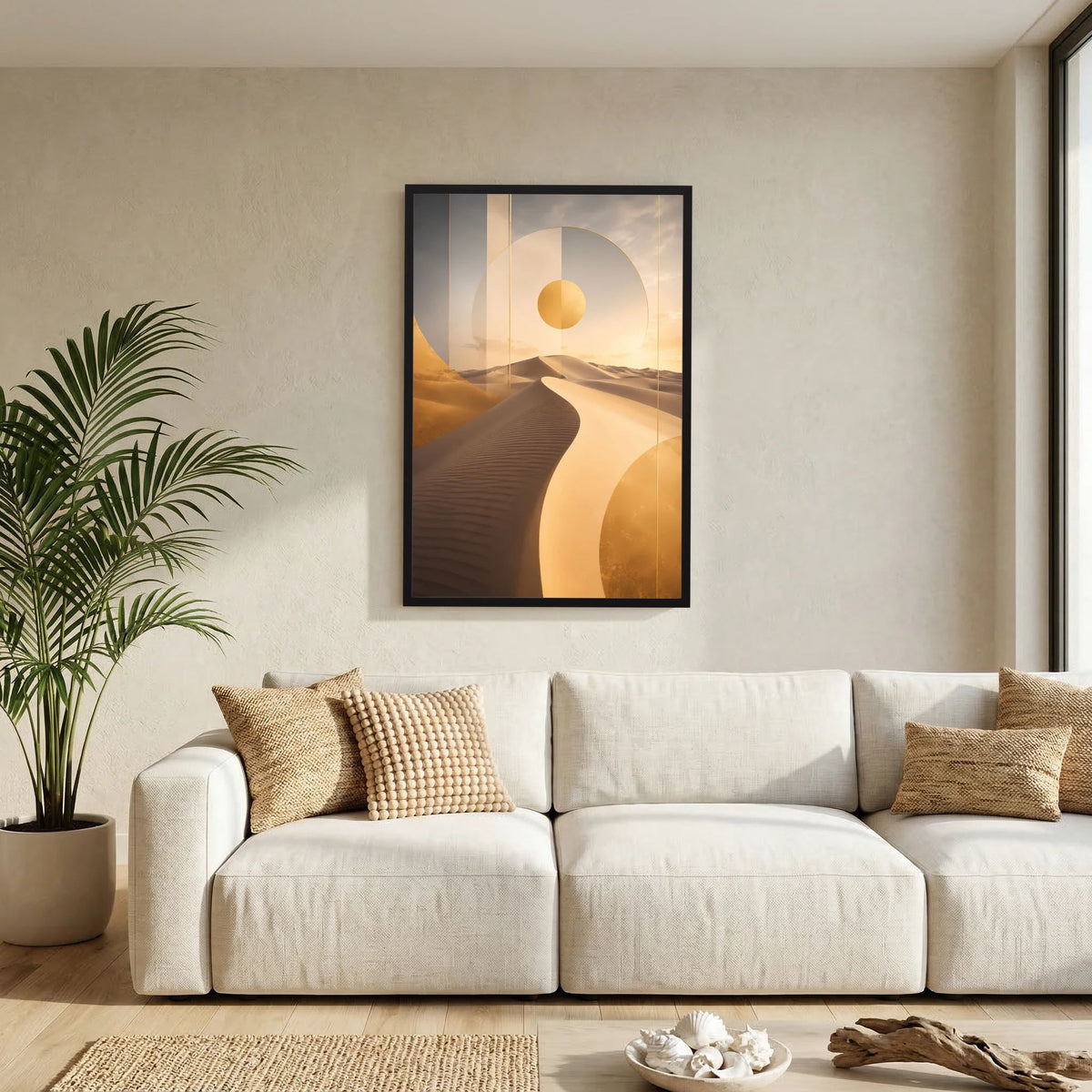 Vertikales Poster mit abstrakten Dünen und goldener Sonne, schwarzer Rahmen an Wand