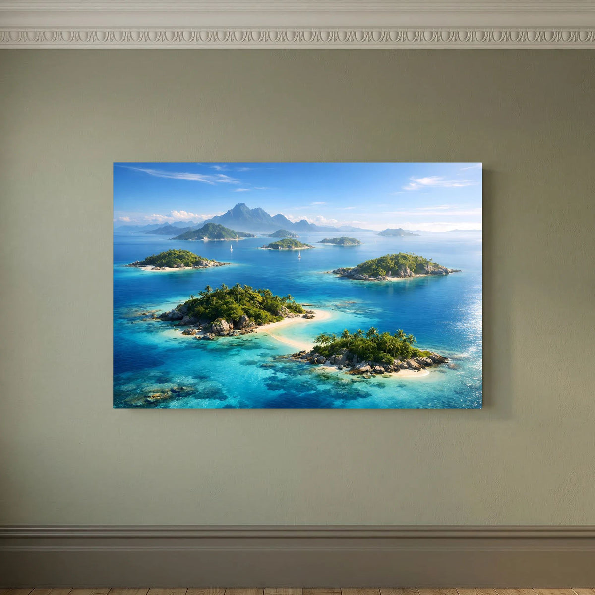 Querformat-Poster mit tropischen Inseln, türkisblauer Lagune und Blick auf Berge