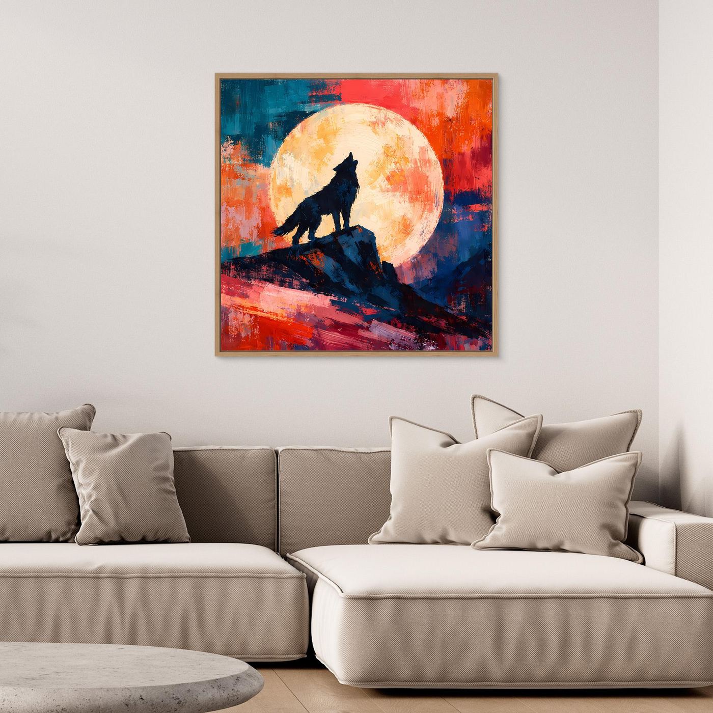 Leinwand Abstraktes Wolf Gemälde | Modernes Mystisches Wandbild Heulender Wolf Vollmond