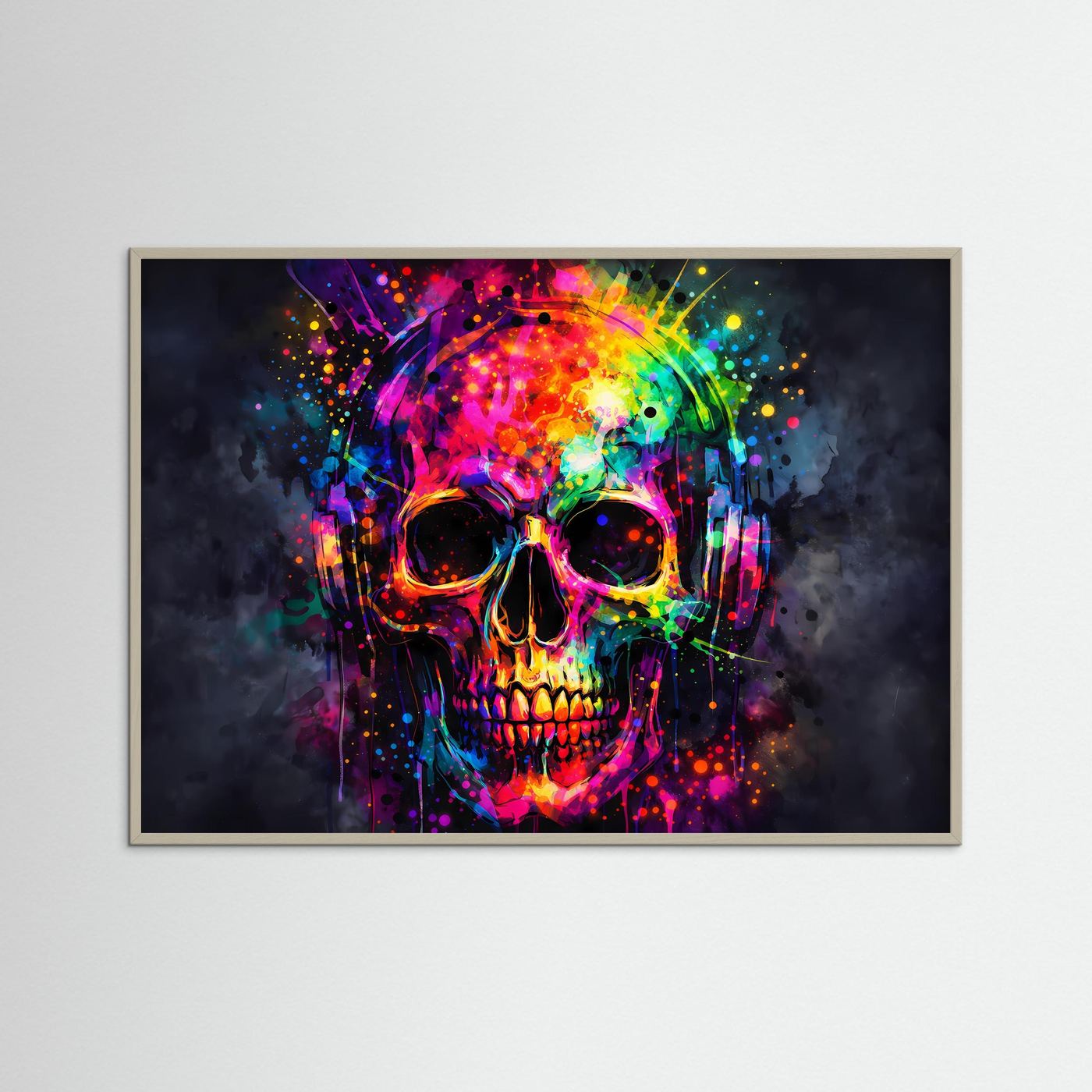 Neon-Kunstposter mit Totenkopf und Kopfhörern im Splash-Art-Stil, grauer Rahmen
