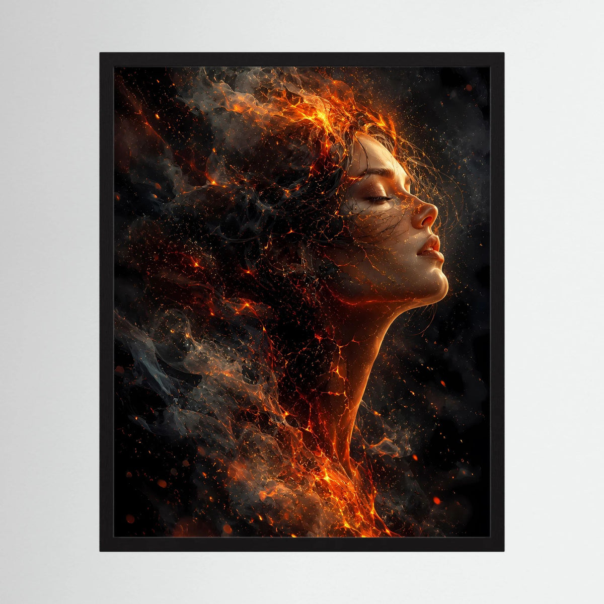 Hochformat-Poster mit Frauenprofil aus Feuer und Glut im schwarzen Rahmen