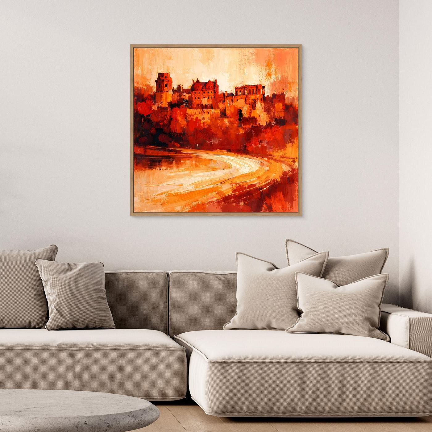 Leinwand Heidelberger Schloss im Abendlicht | Abstraktes Rot‑Ocker Wandbild mit Struktur und Tiefe