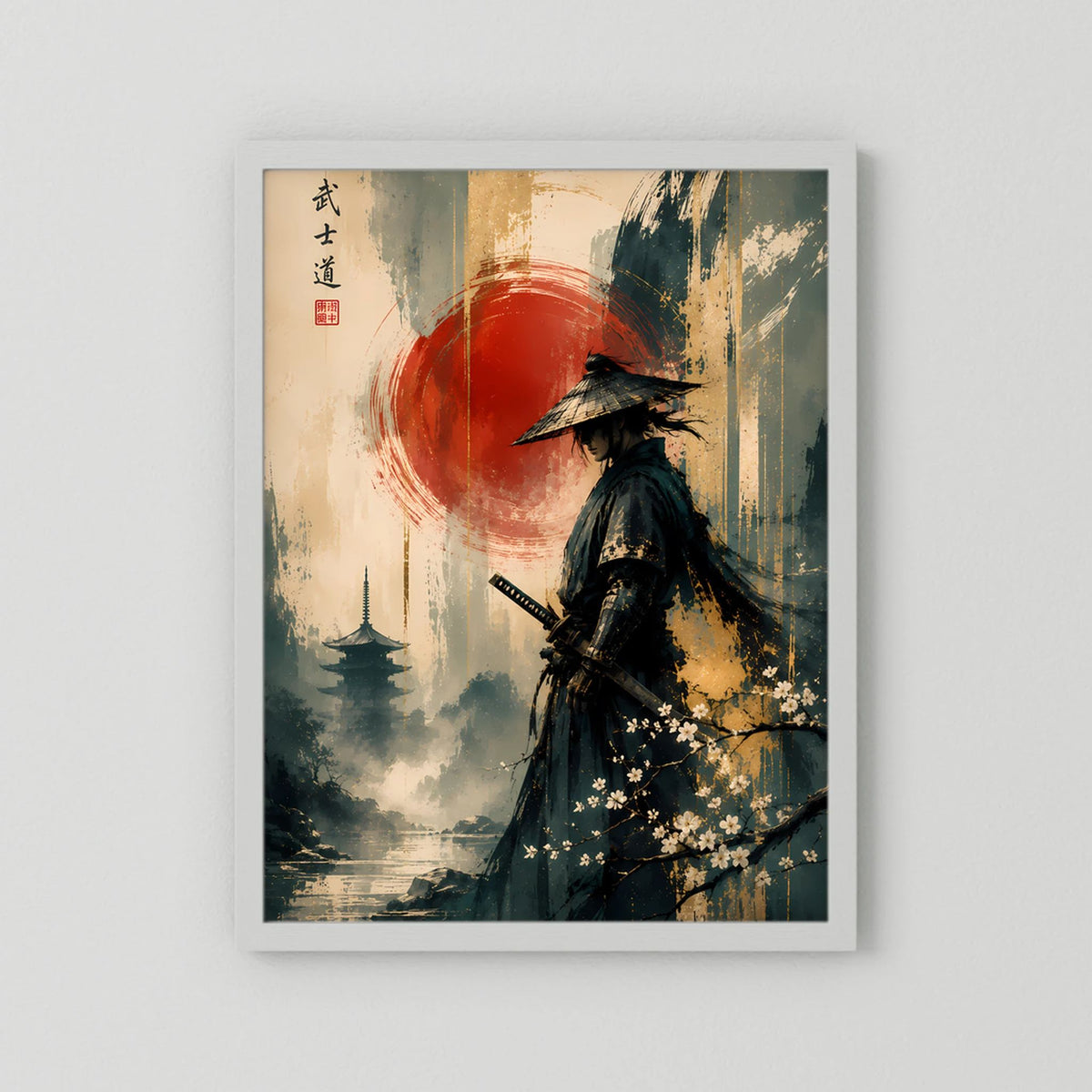 Hochformat-Poster mit Samurai-Krieger vor roter Sonne und japanischer Schrift, weißer Rand