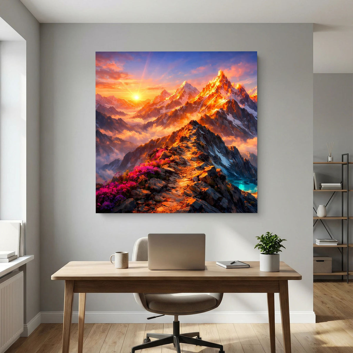 Quadratisches Leinwandbild Sonnenuntergang über Bergkamm auf Holzkeilrahmen, blau