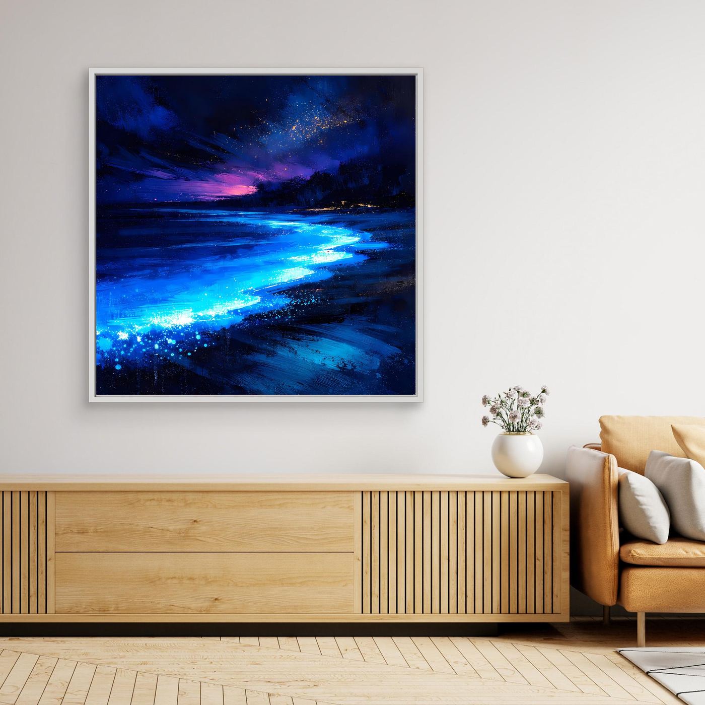 Leinwand Biolumineszierender Strand bei Nacht | Magische Wandkunst auf echter Leinwand