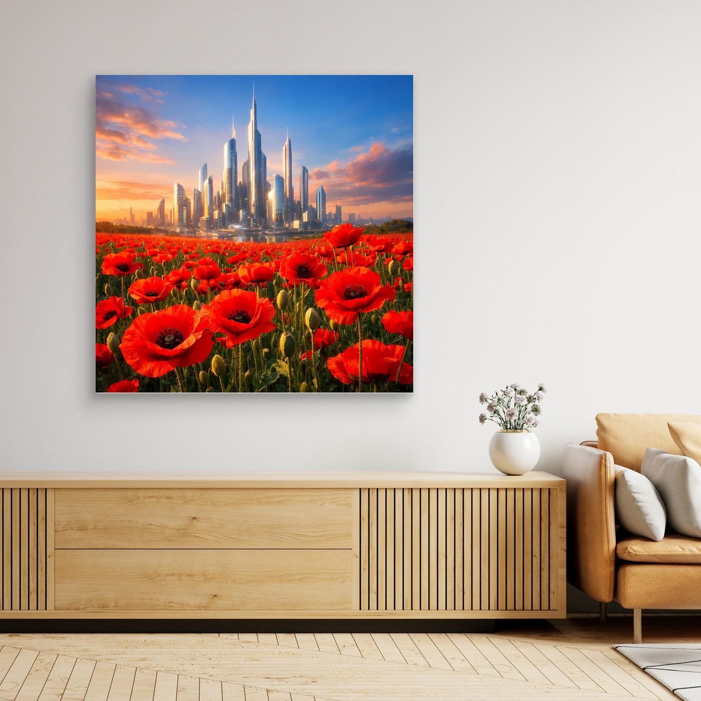 Gerahmtes Leinwandbild mit rotem Mohnfeld und futuristischer Skyline, hochkonzentriert im Bild