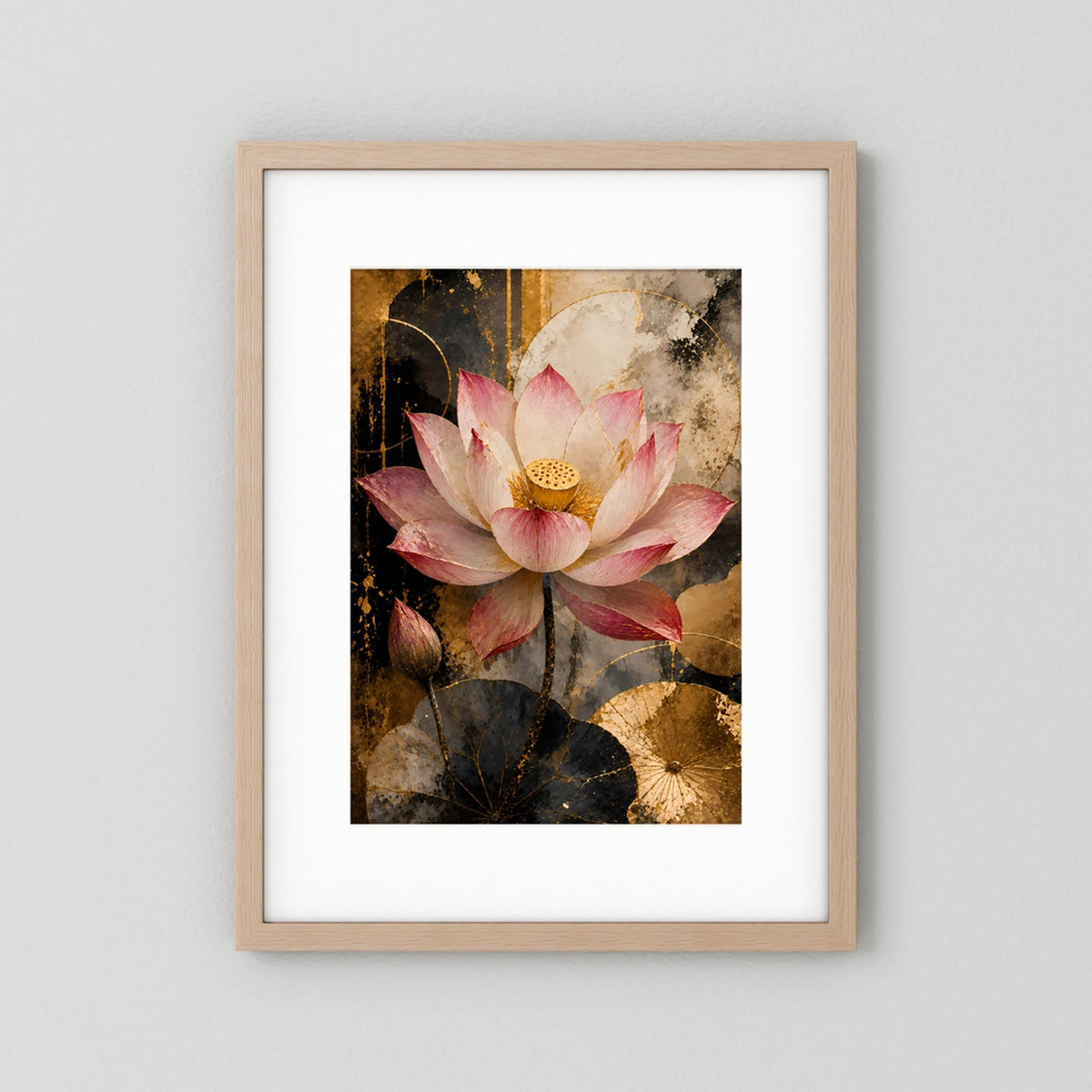 Rosa Lotusblüte in Gold & Schwarz | Elegante florale Kunst | Poster Hochformat