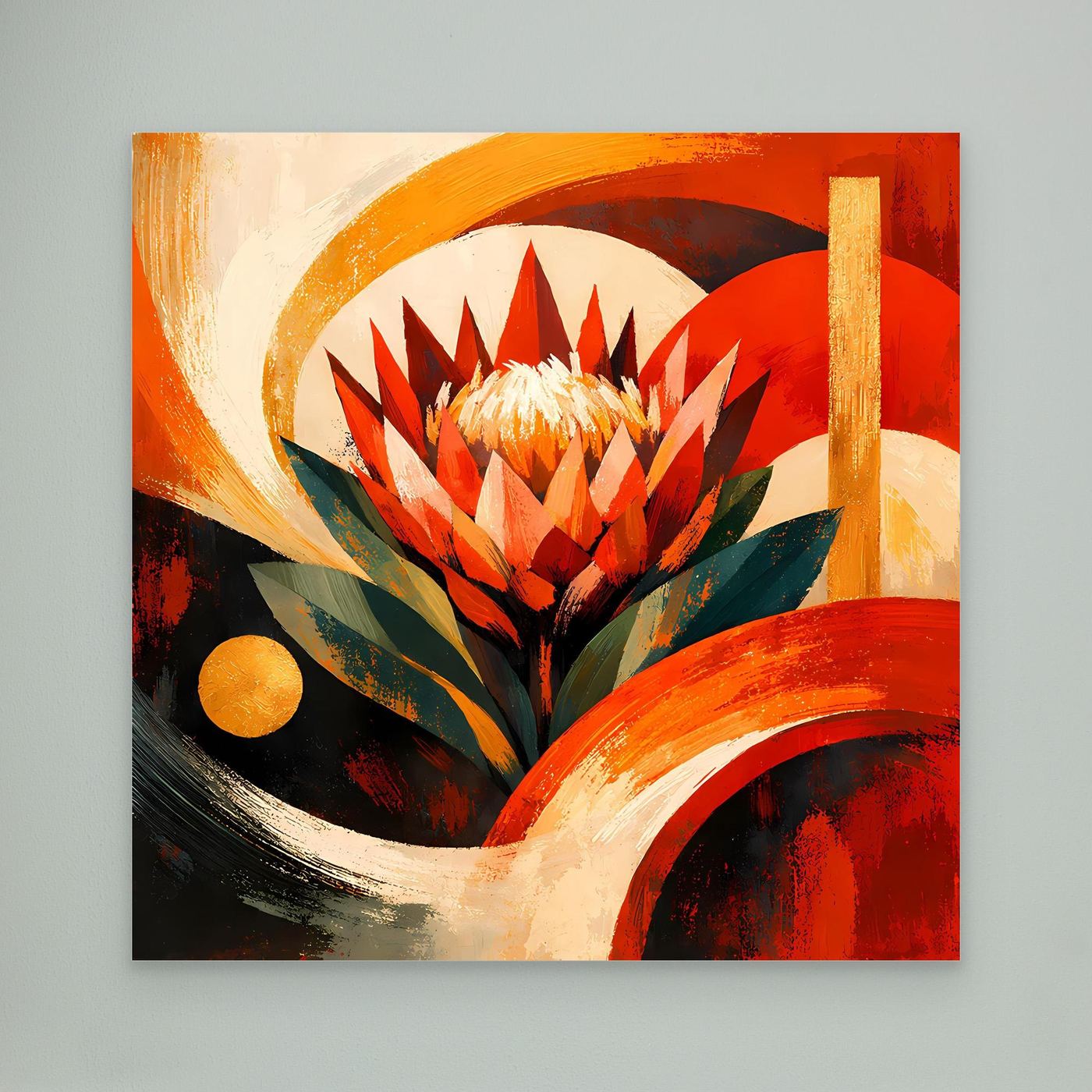 Leinwandbild mit abstrakter Protea in Rot, Orange, Gold auf Leinwand