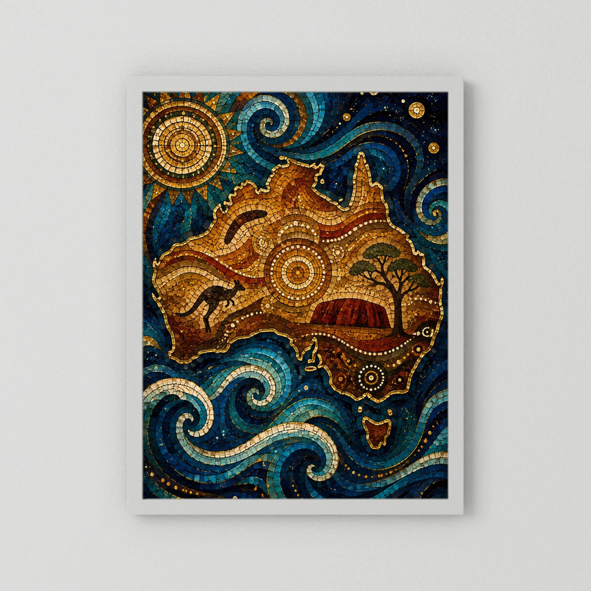 Poster mit weißem Rand und Mosaikmotiv: Känguru, goldene Erde, blaue Wirbel und Sterne