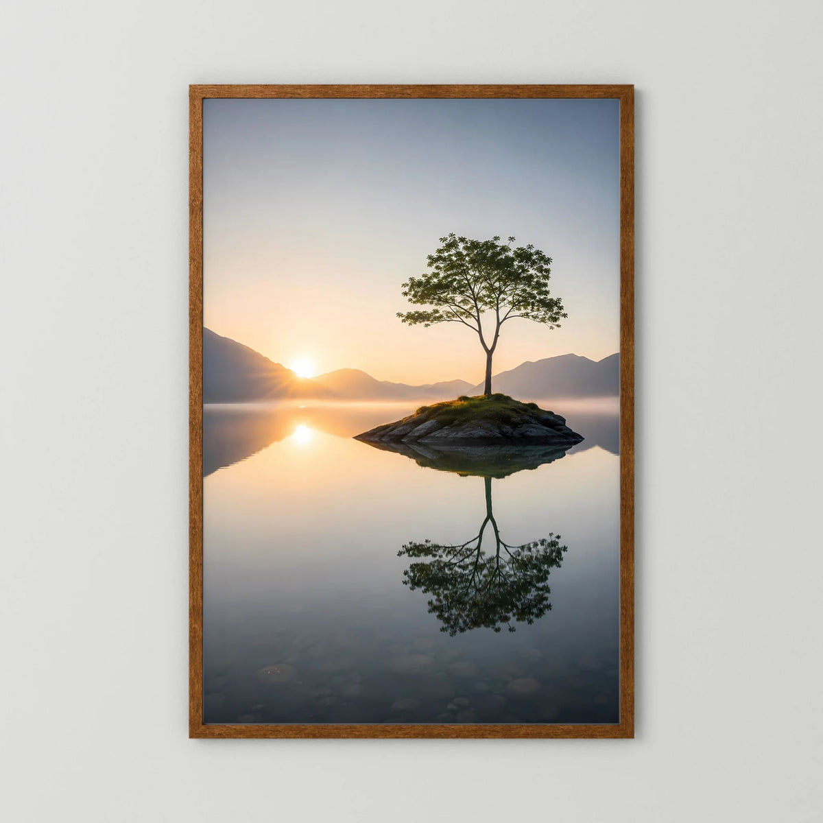 Poster im braunen Holzrahmen, einsamer Baum auf Felsinsel mit Spiegelbild im Wasser