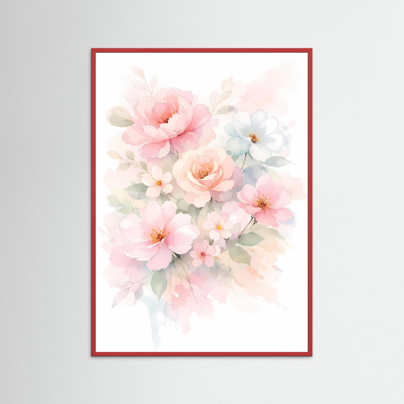 Poster mit Aquarell-Blumenbouquet in Pastellfarben, roter Rahmen