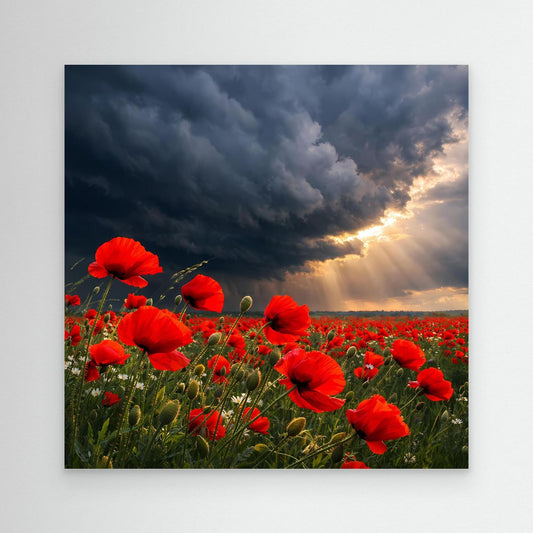 Leinwandbild mit rotem Mohnfeld und dramatischem Gewitterhimmel, ohne Rahmen