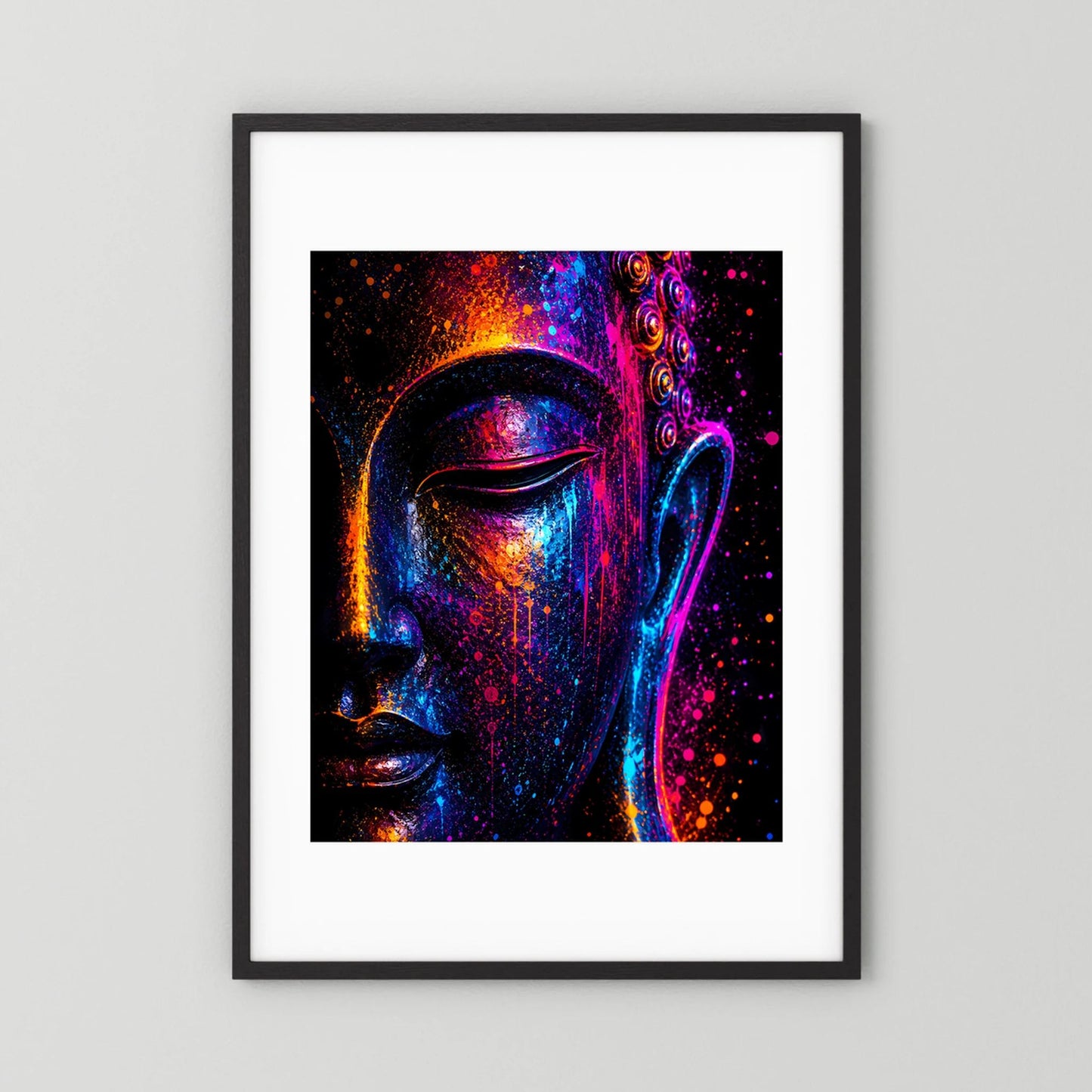 Kunstposter mit abstraktem Buddha-Gesicht im Neonlicht, farbige Lichtkanten, schwarzer Rahmen