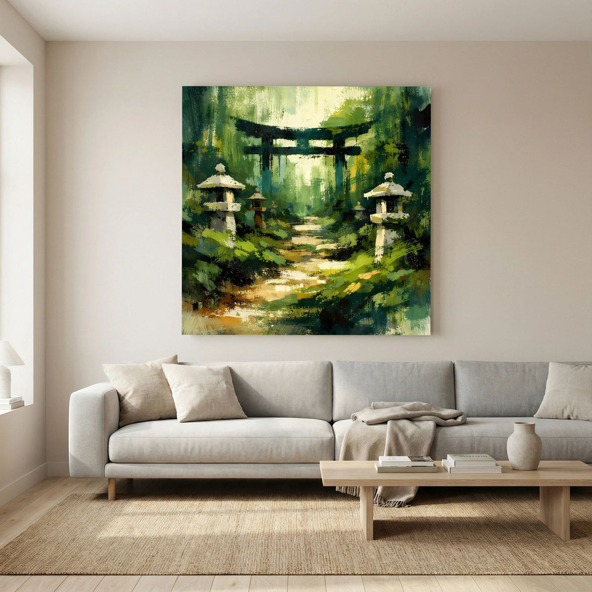 Leinwandbild mit Torii-Tor, Waldweg voller Licht und Steinlaternen beidseitig