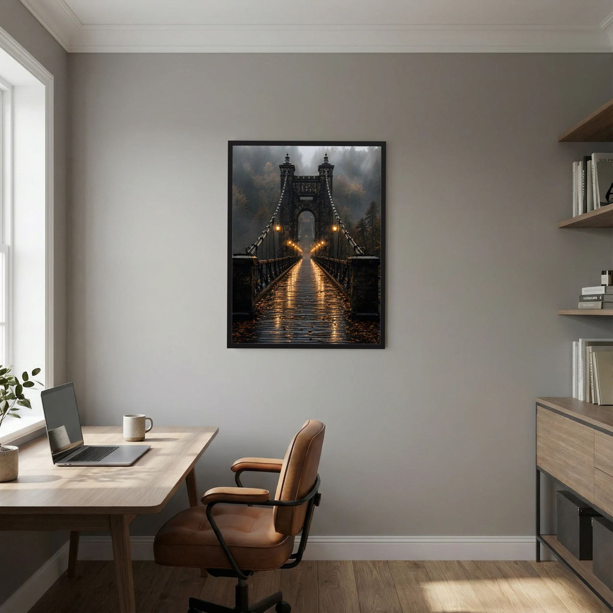 Poster mit Hängebrücke in der Abenddämmerung, Lichter spiegeln sich im Wasser