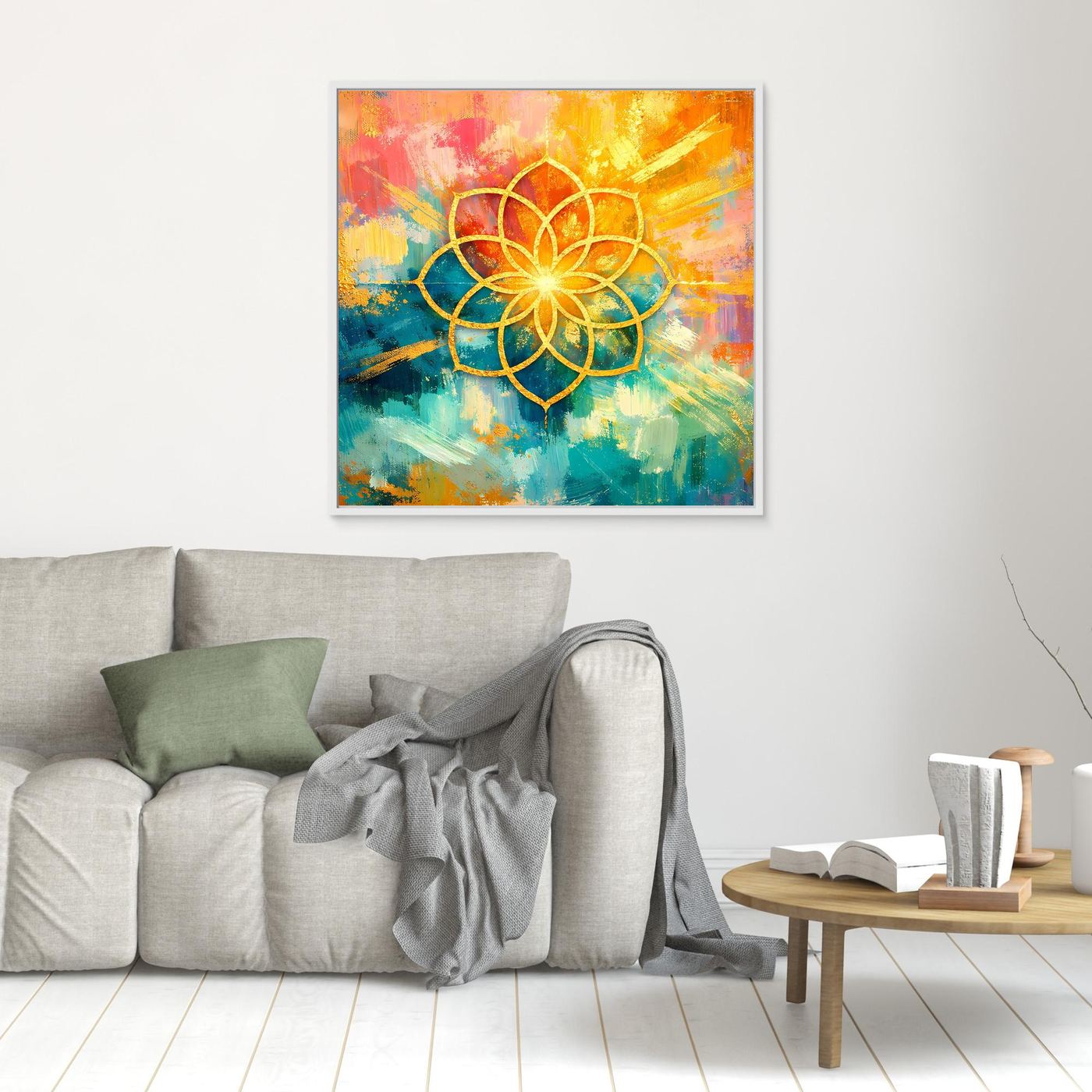 Kleines Leinwandbild Blume des Lebens: goldenes Mandala auf buntem Farbgrund, weiß gerahmt