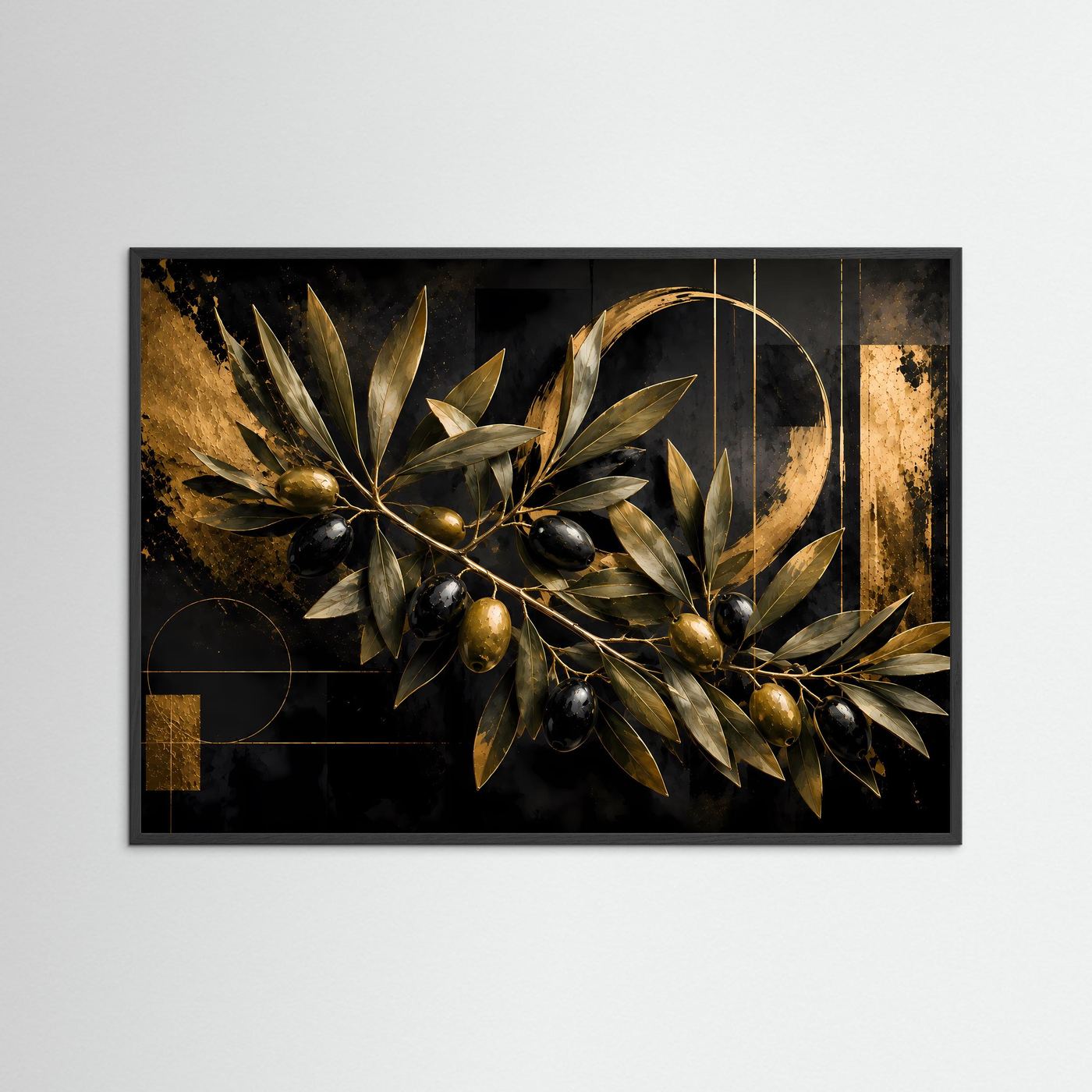 Goldener Olivenzweig auf tiefschwarzem Hintergrund | Elegante Oliven mit metallischen Goldakzenten und geometrischen Formen | Luxuriöse mediterrane Botanik-Wandkunst im Querformat