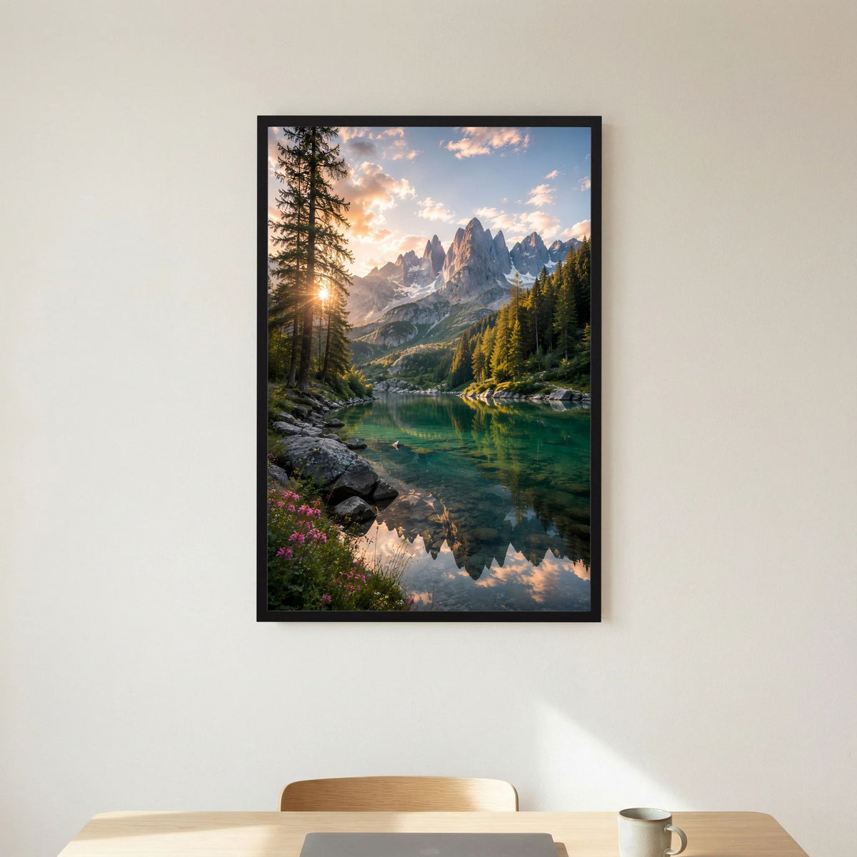 Bergsee im Sonnenuntergang | Alpenlandschaft mit Wald & Spiegelung | Poster Hochformat