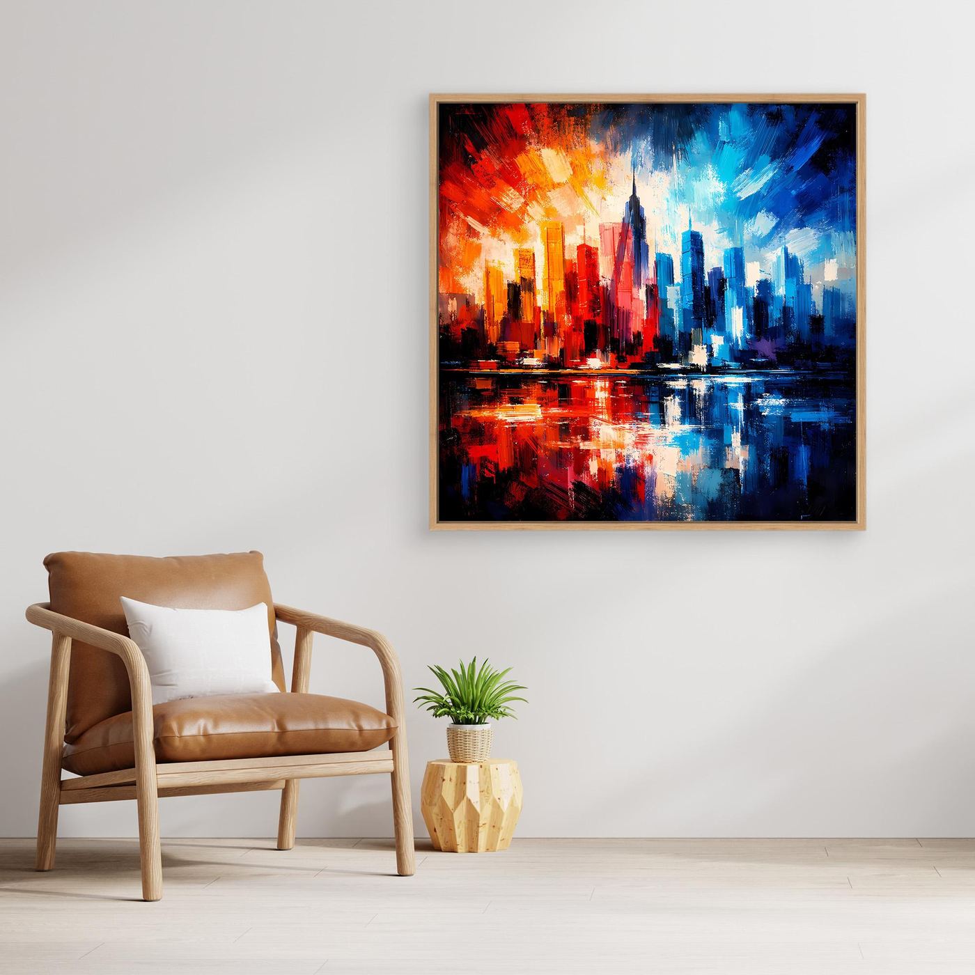 Leinwandbild mit abstrakter Skyline und Spiegelung in Rot-Orange und Blau, im Holzrahmen