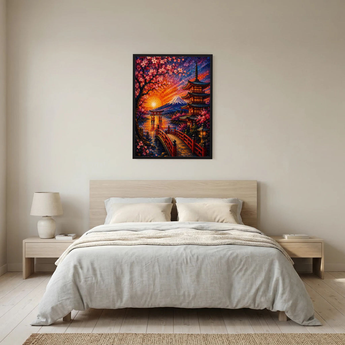 Gerahmtes Poster im Mosaikstil mit Kirschblüten, Pagode und Fuji bei Sonnenuntergang