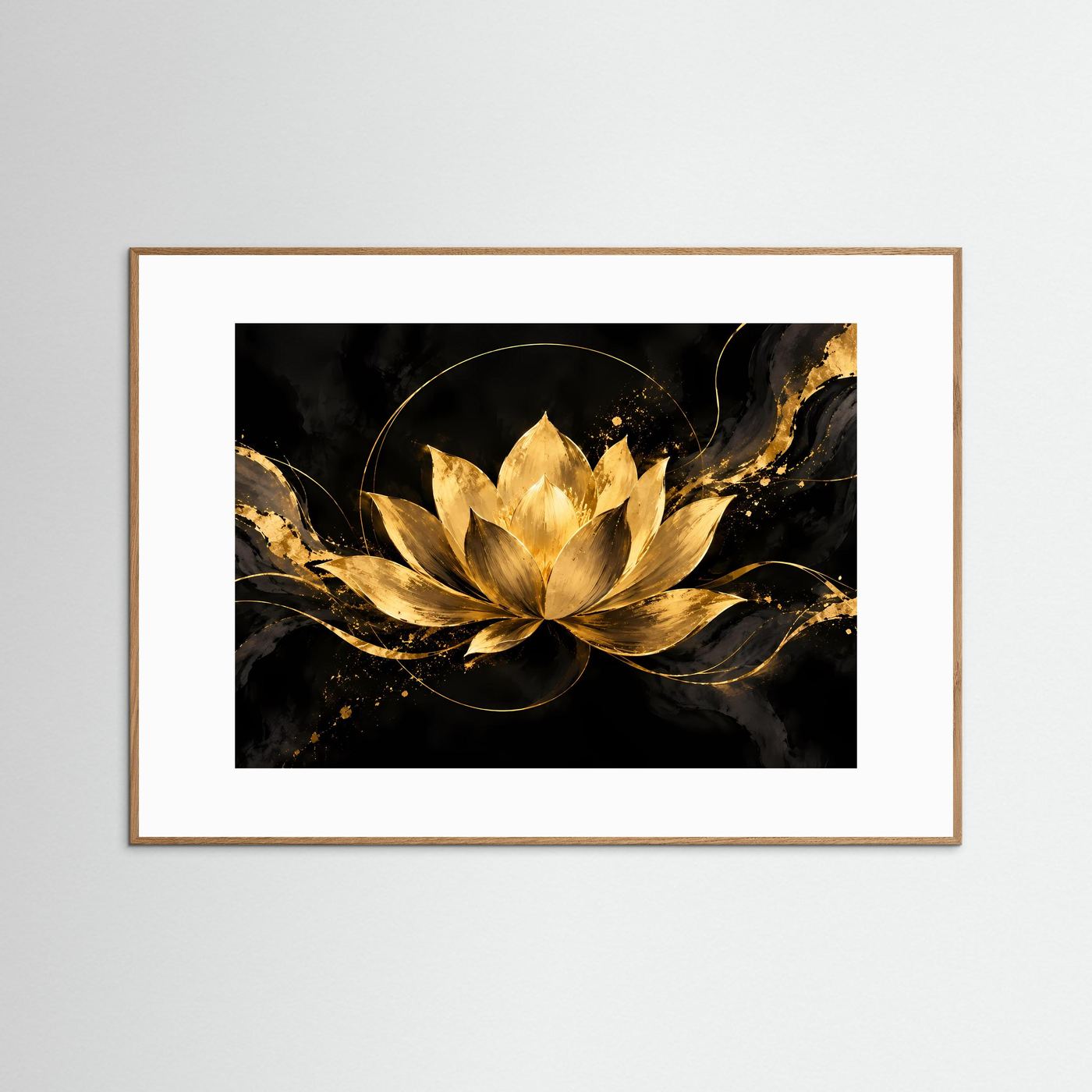 Poster mit goldener Lotusblüte, dunklem Hintergrund, brauner Rahmen und weißer Mattenkante