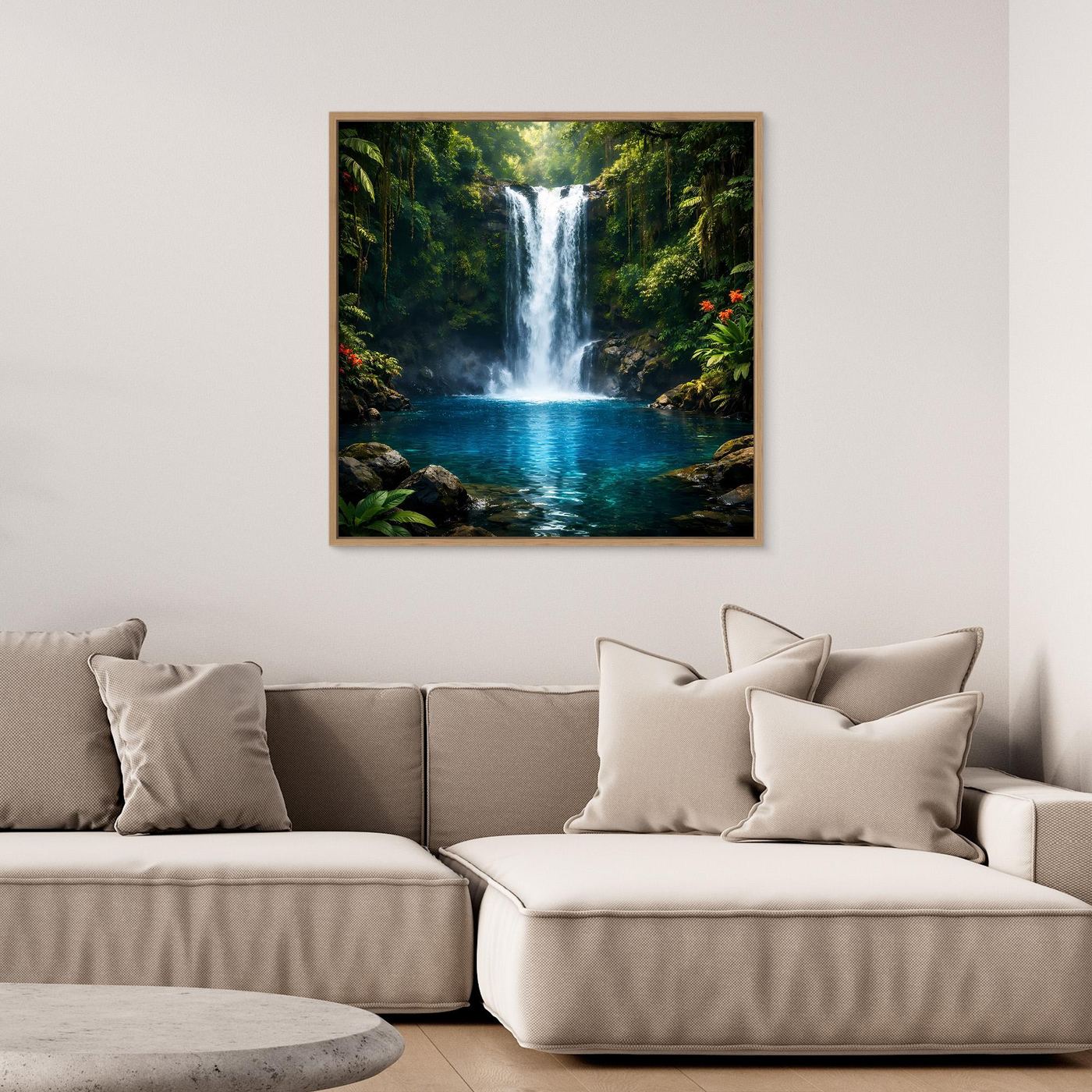 Leinwandbild mit Wasserfall im Dschungel, Holzrahmen