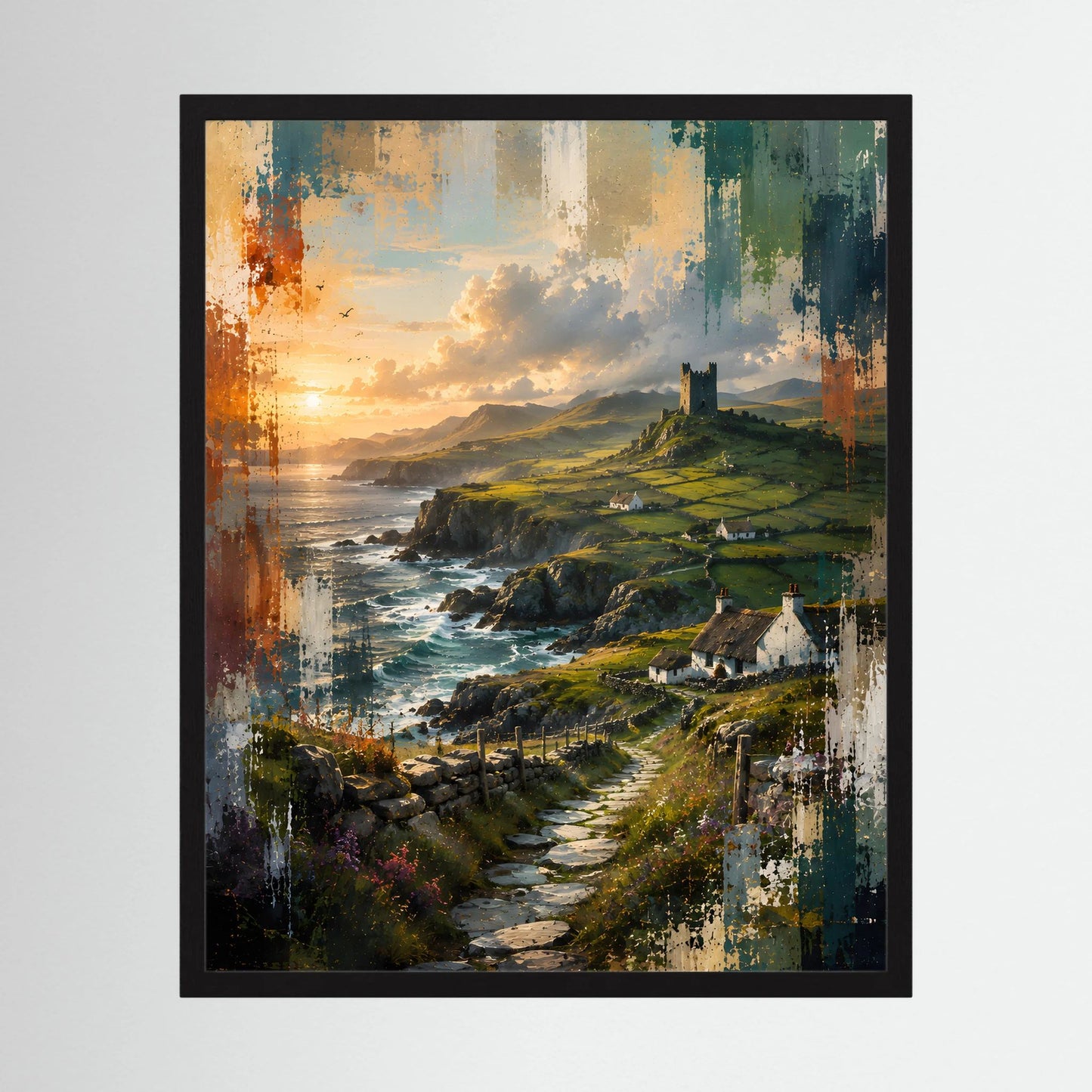 Schwarz gerahmtes Landschaftsposter im Hochformat mit grünen Klippen, Burgturm und Meer