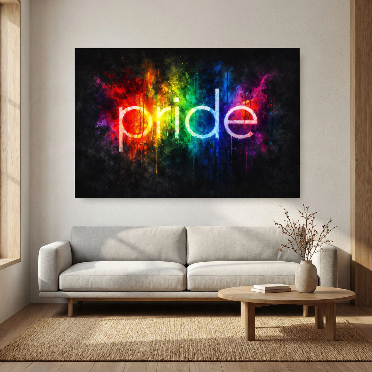 Wandbild „pride“ mit Regenbogen-Spritzgrafik, quadratischer schwarzer Rahmen
