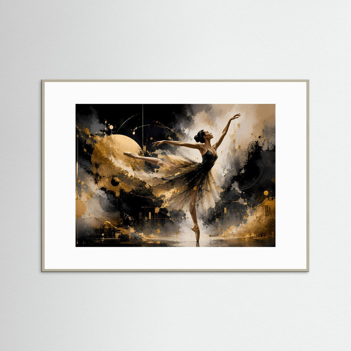Ballett-Wandbild im weißen Rahmen mit abstrakter Tänzerin in Schwarz und Gold, Querformat