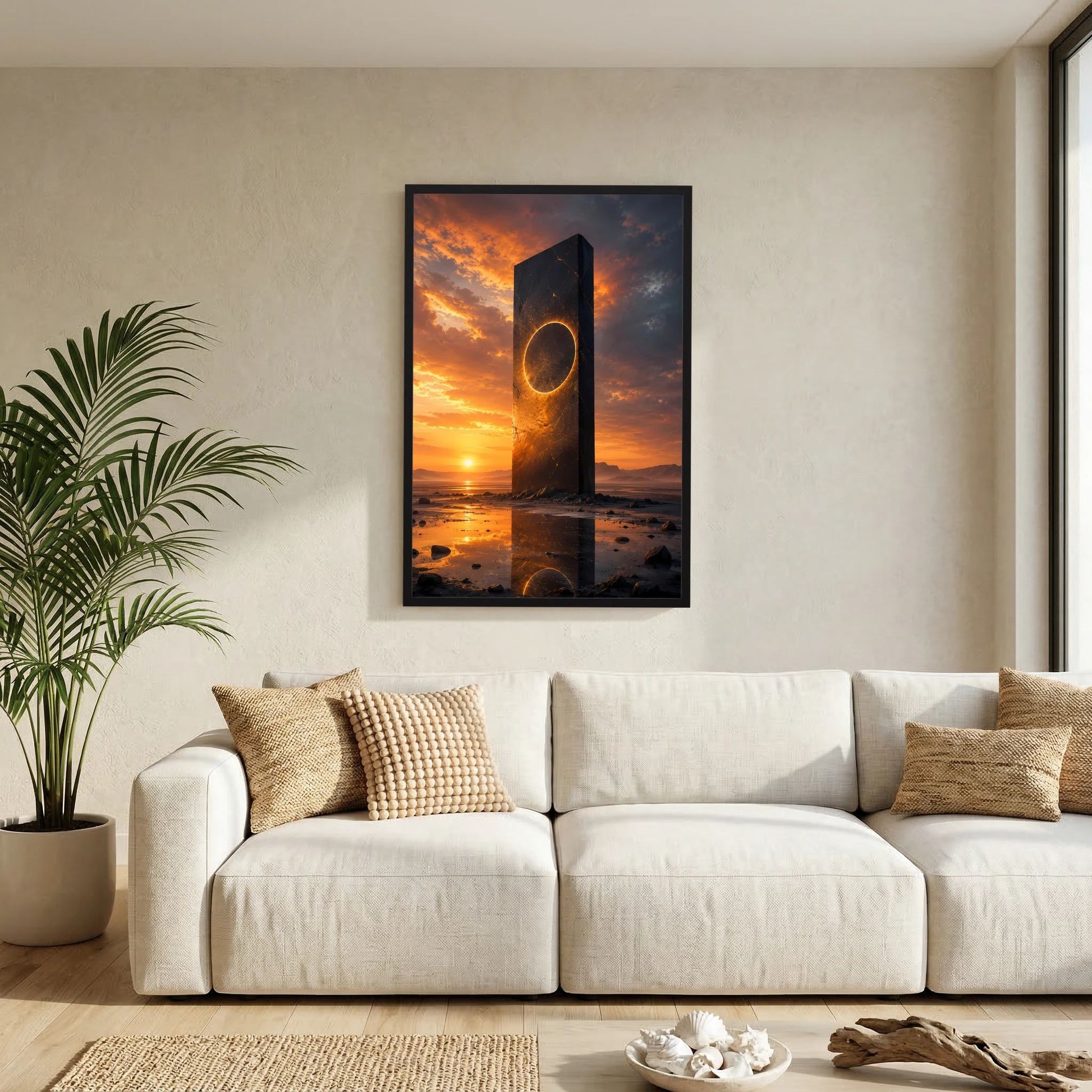 Hochformat-Poster im schwarzen Rahmen: schwarzer Monolith mit goldener kreisförmiger Lichtöffnung.