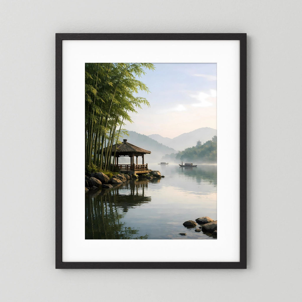 Hochformat-Wandbild im schwarzem Rahmen mit weißem Passepartout: Bambus am Fluss