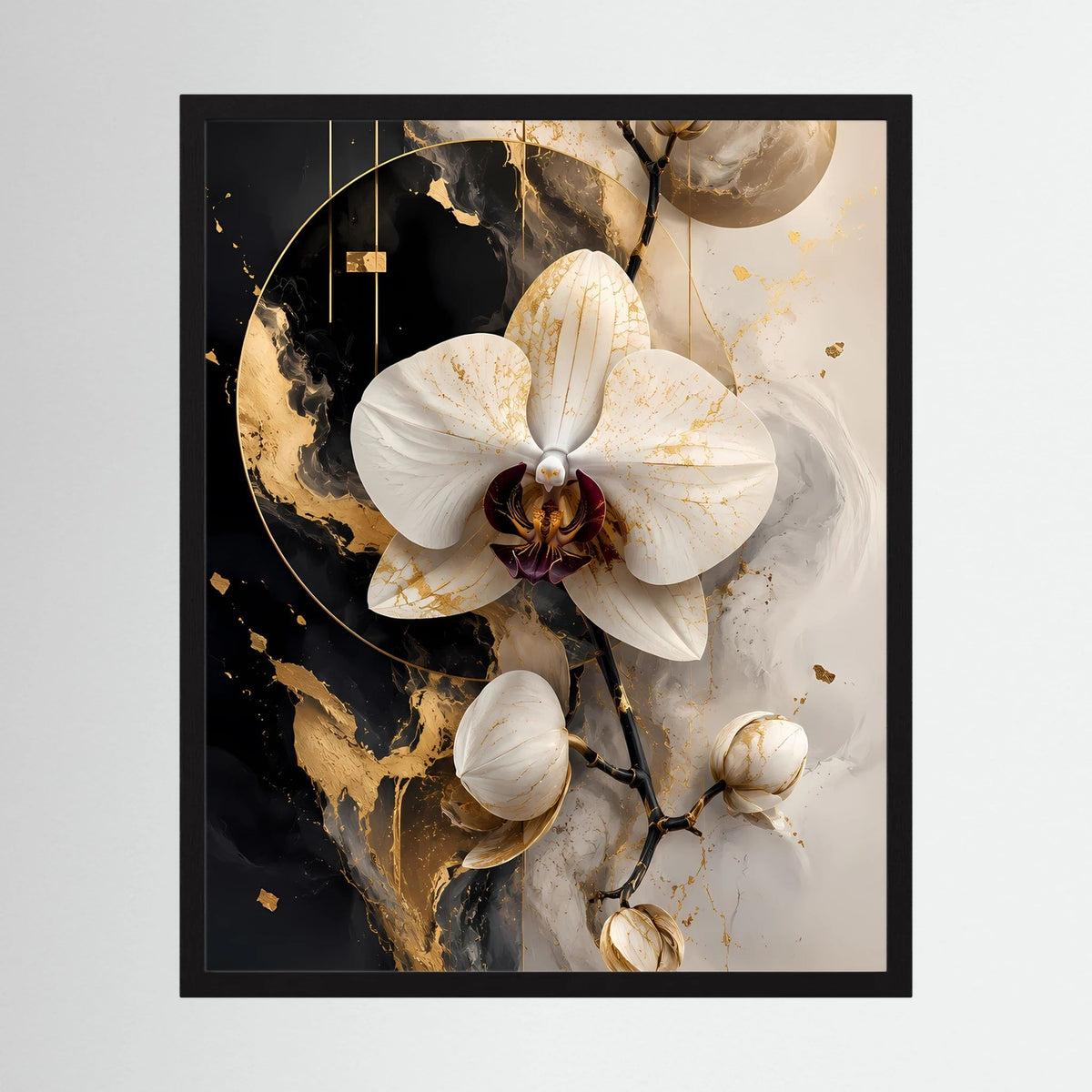 Poster im schwarzen Rahmen: weiße Orchideen auf schwarzem Gold-Aquarell