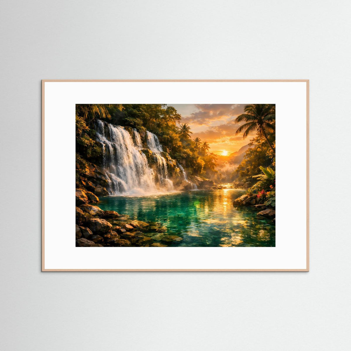 Tropisches Wasserfall-Poster, roséfarbener Holzrahmen mit weißem Passepartout