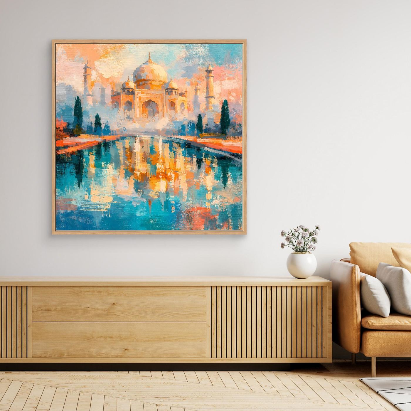 Leinwand-Wandbild mit Holzrahmen: abstraktes Taj Mahal und Spiegelung im Wasser