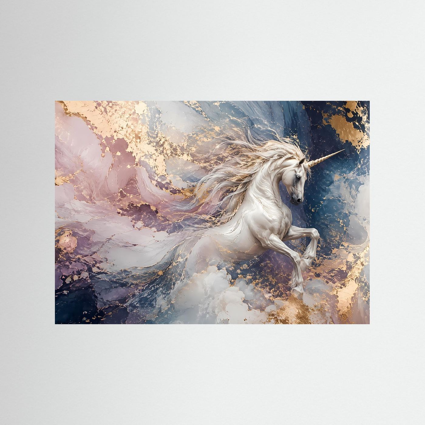 Weißes Einhorn in Gold & Pastell | Elegante Fantasy Kunst